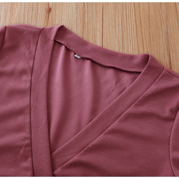 Ribbed Bodycon V-Neck Slim Dress Dark Mauve Pink - Picture 6 of 8